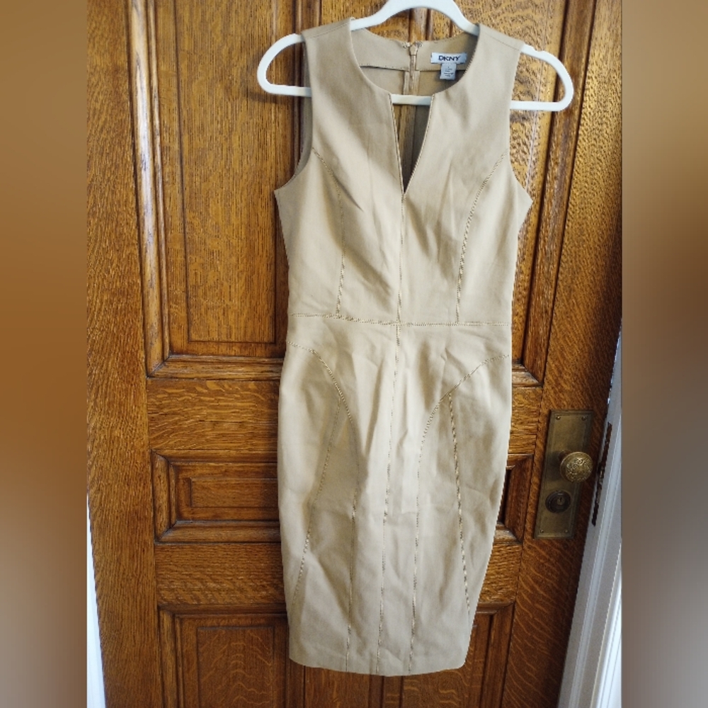 DKNY Tan Sleeveless Sheath Dress with V-Notch